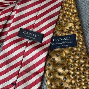 Canali Mens 100% Silk Tie Yellow Blue Floral Jacquard Woven Italy & Repp Stripe